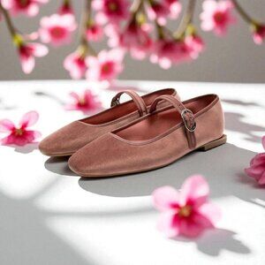 Zara Shoes Women's Size 37 Blush pink  Velvet Mary Jane Flats Square Toe Ballet